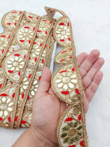 9 Yards Silk Fabric Scalloped Lace Trim, Indian Gold Foil Work Embroidery Gota Patti Sari Border Decorative Trim Craft Lace